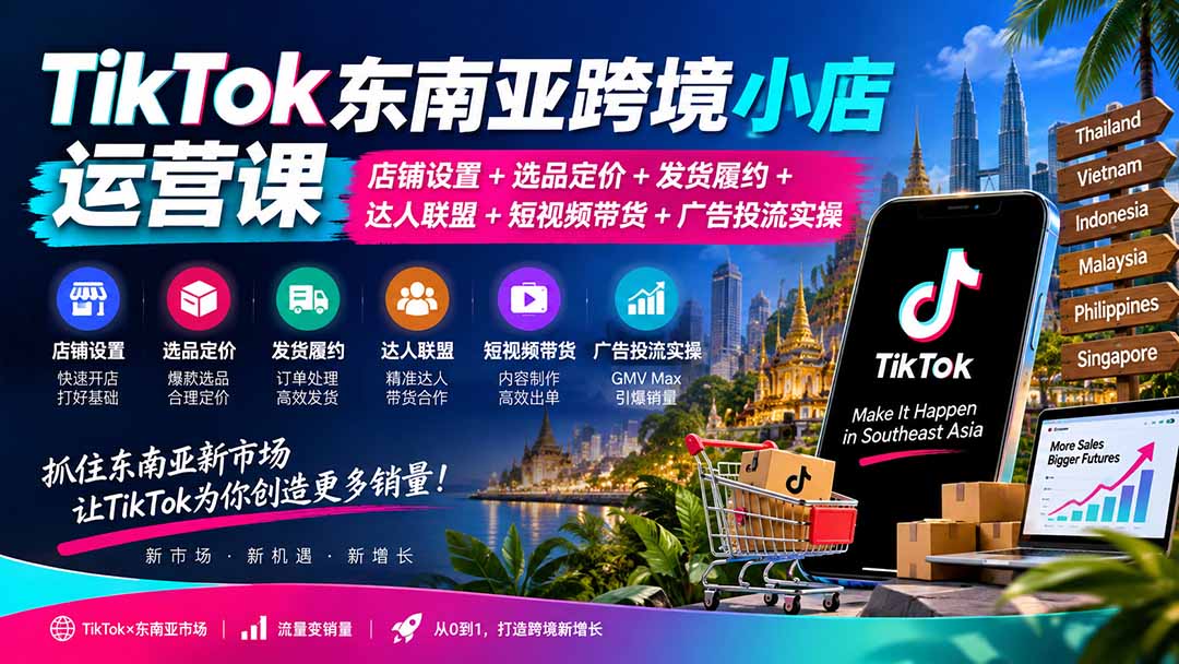 TikTok东南亚跨境小店运营课：店铺设置+选品定价+发货履约+达人联盟+短视频带货+广告投流实操-天韵资源网