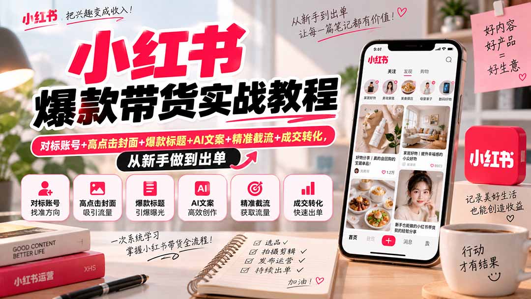 小红书爆款带货实战教程｜对标账号+高点击封面+爆款标题+AI文案+精准截流+成交转化，从新手做到出单-天韵资源网