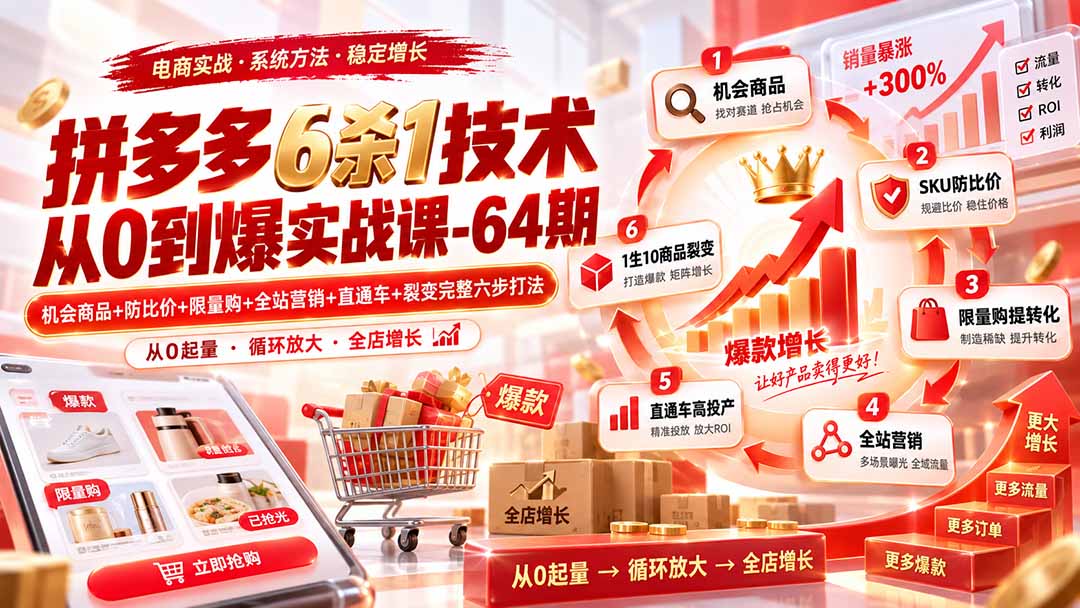拼多多6杀1技术从0到爆实战课-64期：机会商品+防比价+限量购+全站营销+直通车+裂变完整六步打法-天韵资源网