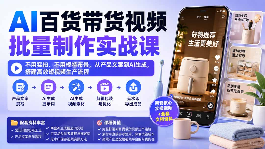 AI百货带货视频批量制作实战课：不用实拍、不用模特布景，从产品文案到AI生成，搭建高效短视频生产流程-天韵资源网