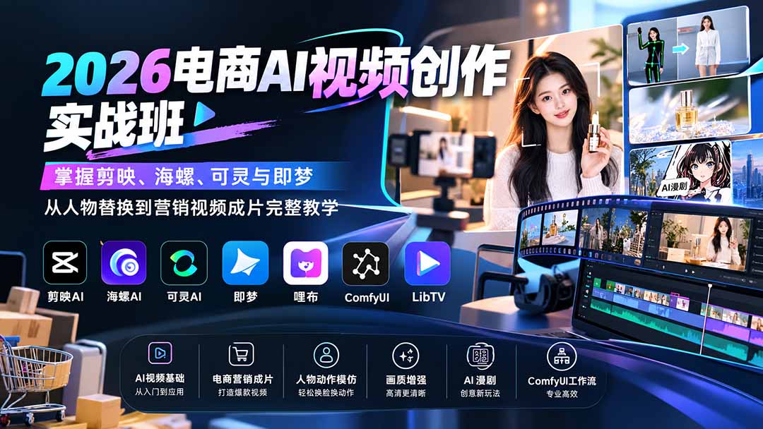 2026电商AI视频创作实战班：掌握剪映、海螺、可灵与即梦，从人物替换到营销视频成片完整教学-天韵资源网