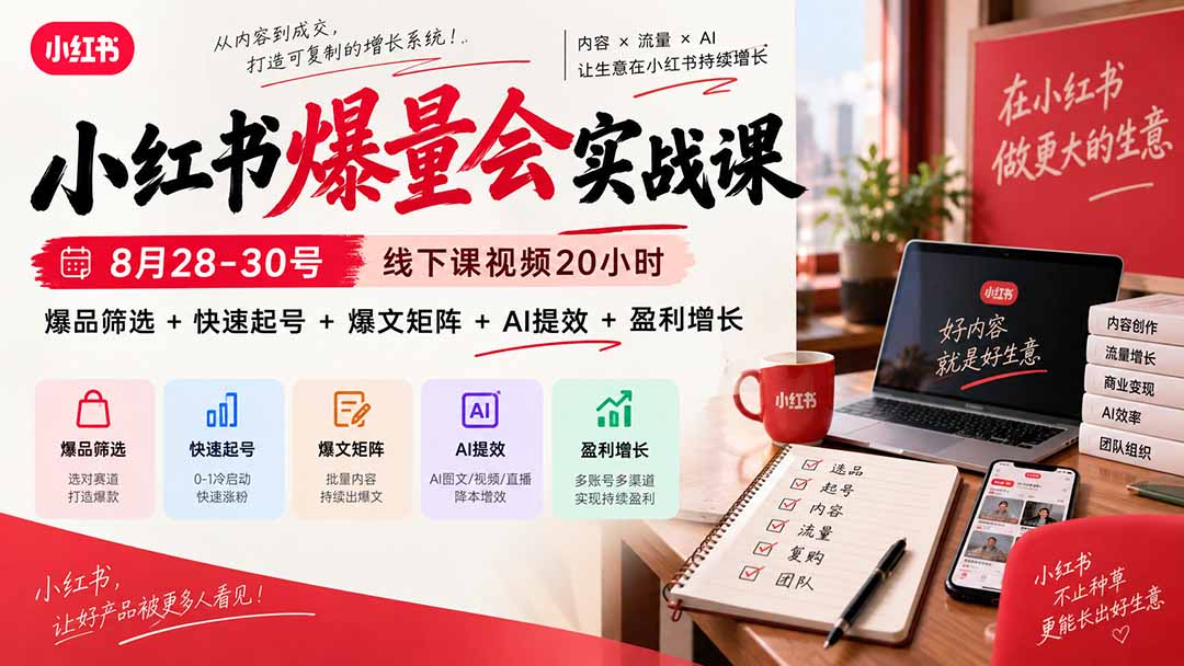 小红书爆量会实战课：8月28-30号线下课视频20小时，爆品筛选+快速起号+爆文矩阵+AI提效+盈利增长-天韵资源网