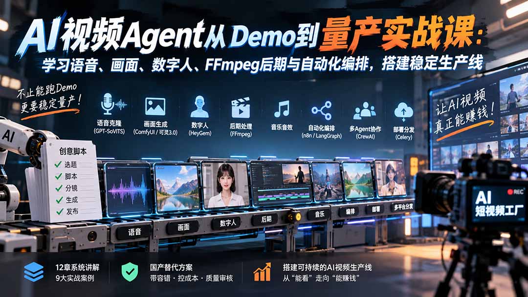 AI视频Agent从Demo到量产实战课：学习语音、画面、数字人、FFmpeg后期与自动化编排，搭建稳定生产线-天韵资源网