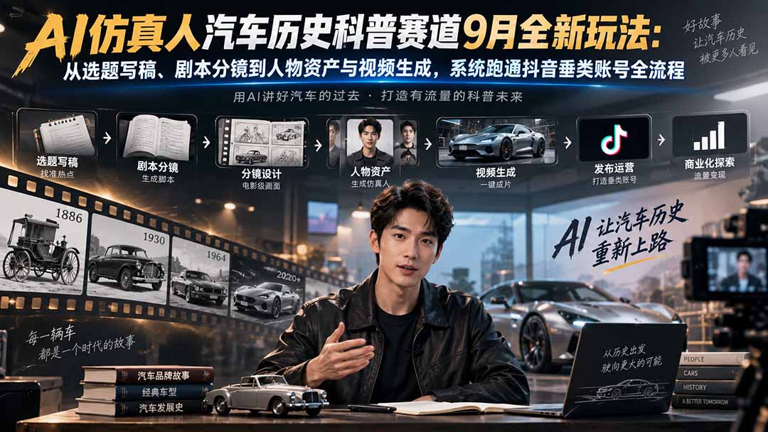 AI仿真人汽车历史科普赛道9月全新玩法：从选题写稿、剧本分镜到人物资产与视频生成，系统跑通抖音垂类账号全流程-天韵资源网