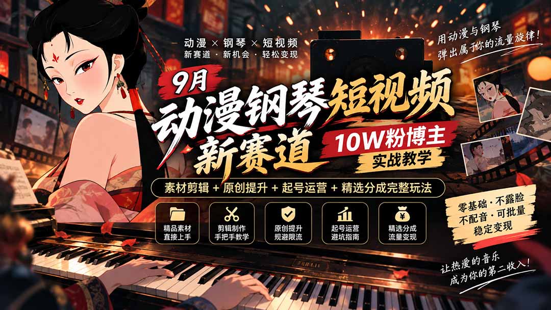 9月动漫钢琴短视频新赛道｜10W粉博主实战教学，素材剪辑+原创提升+起号运营+精选分成完整玩法-天韵资源网