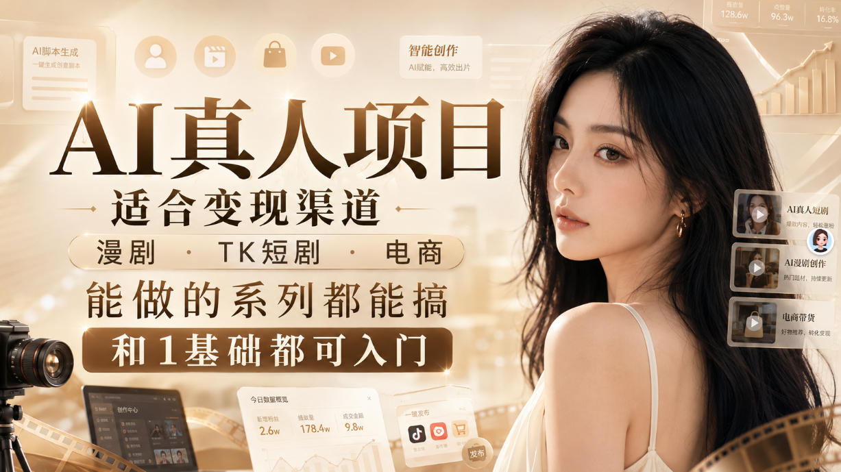 AI真人项目，适合变现渠道，漫剧，TK短剧，电商，能做的系列都能搞，0和1基础都可入门-天韵资源网