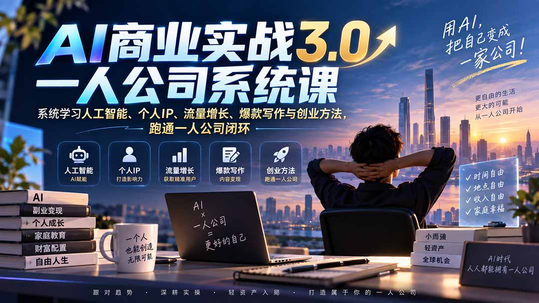 AI商业实战3.0一人公司系统课：系统学习人工智能、个人IP、流量增长、爆款写作与创业方法，跑通一人公司闭环-天韵资源网