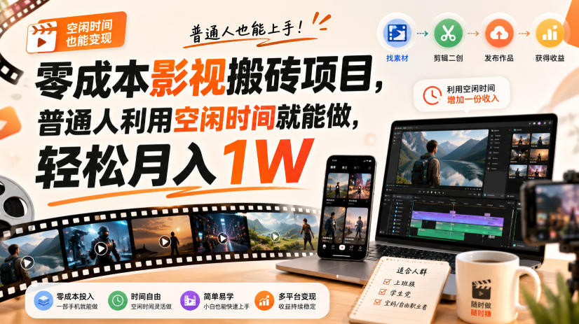 零门槛影视搬砖项目，月入万元，玩法稳定普通人可落地的长期副业！-天韵资源网