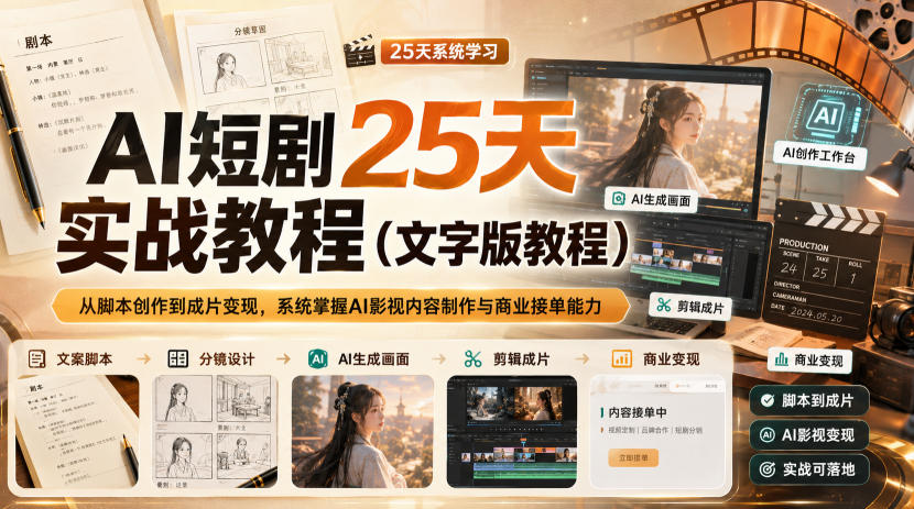 AI短剧25天实战教程(文字版教程)，从脚本创作到成片变现，系统掌握AI影视内容制作与商业接单能力-天韵资源网