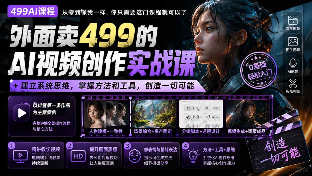 外面卖499的AI视频创作实战课：建立系统思维，掌握方法和工具，创造一切可能。-天韵资源网
