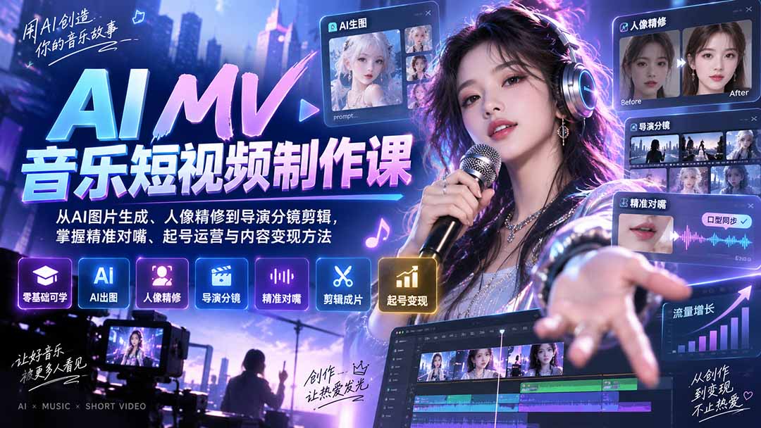 AI MV音乐短视频制作课：从AI图片生成、人像精修到导演分镜剪辑，掌握精准对嘴、起号运营与内容变现方法-天韵资源网
