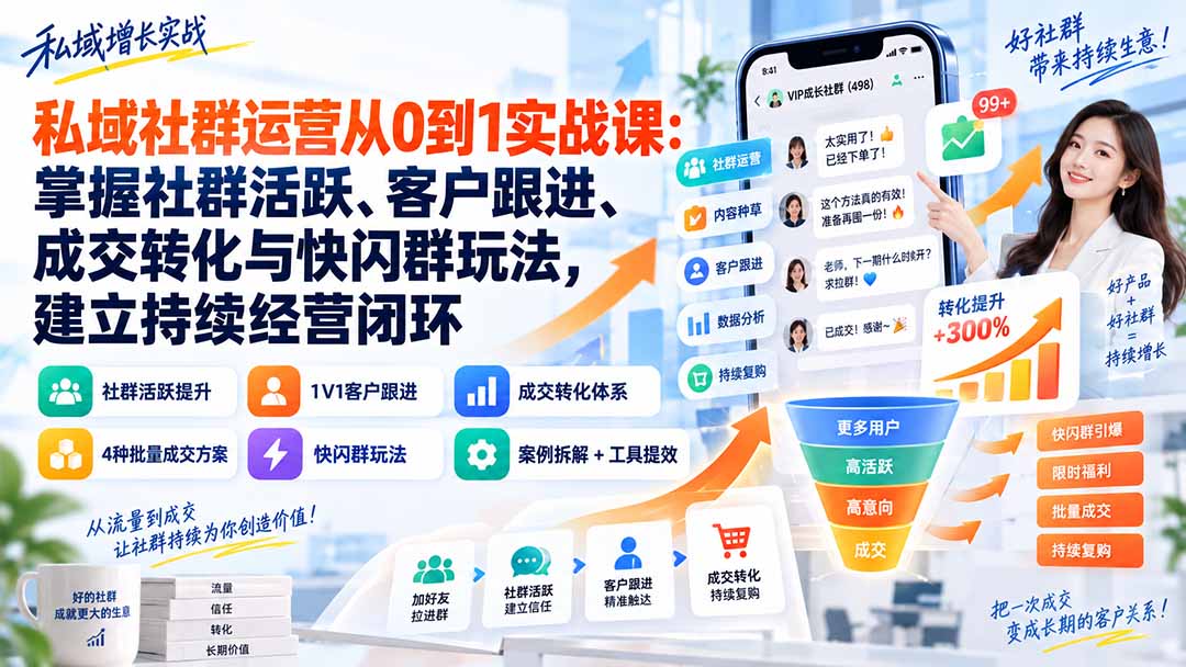 私域社群运营从0到1实战课：掌握社群活跃、客户跟进、成交转化与快闪群玩法，建立持续经营闭环-天韵资源网