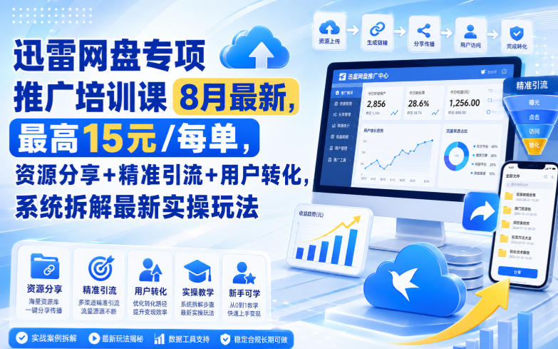 迅雷网盘专项推广培训课9月最新，最高15米/每单，资源分享+精准引流+用户转化，系统拆解最新实操玩法(更新0909)-天韵资源网