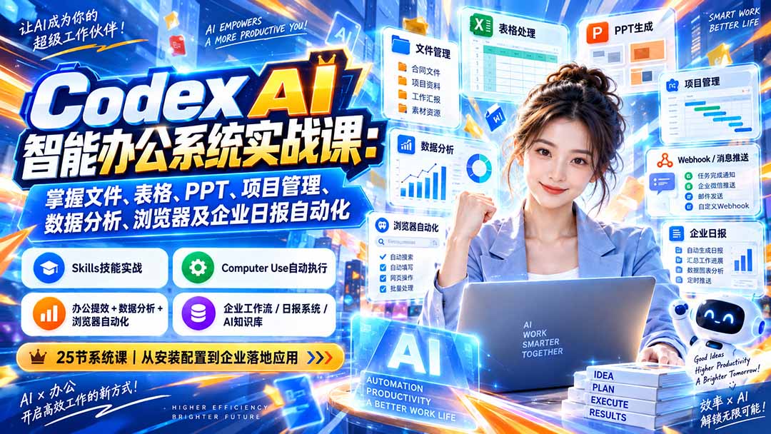 Codex AI智能办公系统实战课：掌握文件、表格、PPT、项目管理、数据分析、浏览器及企业日报自动化-天韵资源网