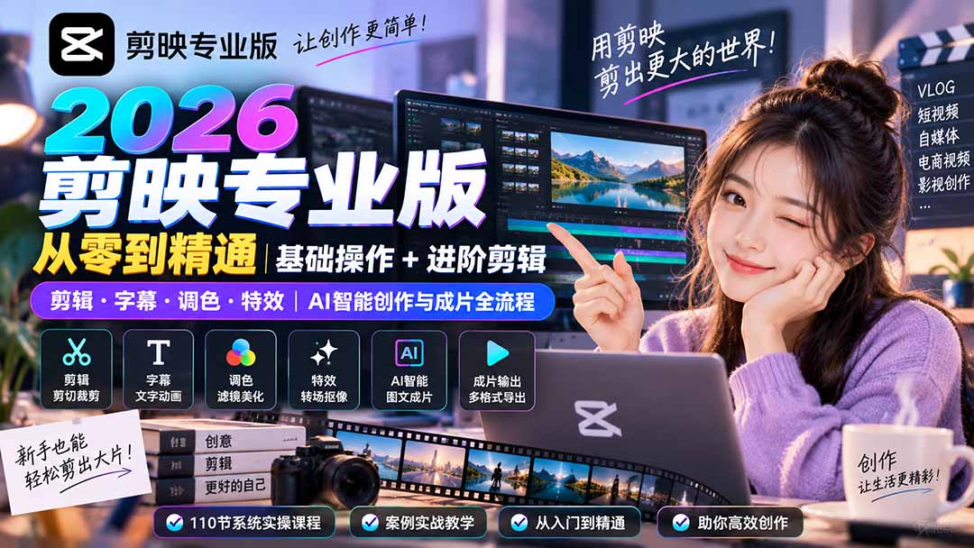 2026剪映专业版从零到精通｜基础操作+进阶剪辑｜剪辑·字幕·调色·特效｜AI智能创作与成片全流程-天韵资源网