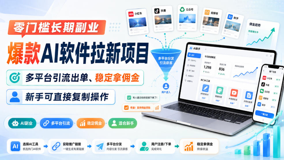 零门槛长期副业，爆款AI软件拉新项目，多平台引流出单、稳定拿佣金，新手可直接复制操作-天韵资源网