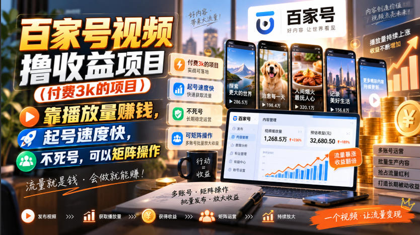百家号视频撸收益项目(付费3k的项目)，靠播放量賺钱，起号速度快，不死号，可以矩阵操作-天韵资源网