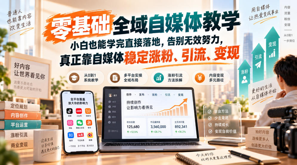 零基础全域自媒体教学，小白也能学完直接落地，告别无效努力，真正靠自媒体稳定涨粉、引流、变现-天韵资源网