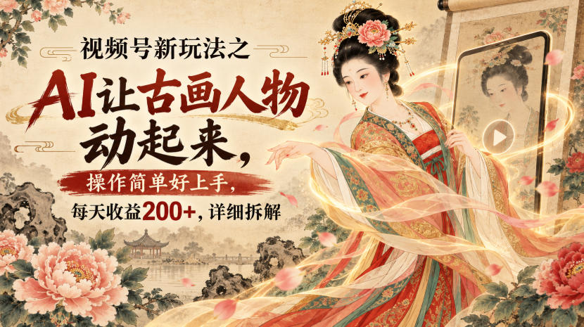 视频号新玩法之AI让古画人物动起来，操作简单好上手，每天收益200+，详细拆解-天韵资源网