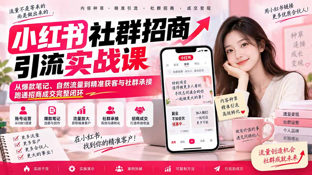 小红书社群招商引流实战课-无水印：从爆款笔记、自然流量到精准获客与社群承接，跑通招商成交完整闭环-天韵资源网
