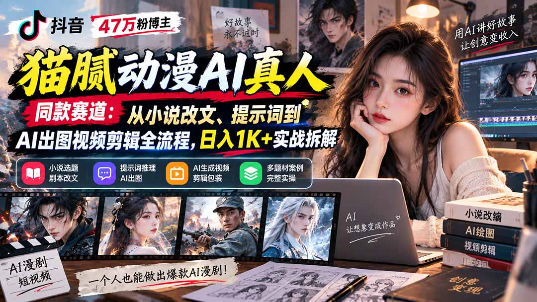 抖音47万粉博主猫腻动漫AI真人同款赛道：从小说改文、提示词到AI出图视频剪辑全流程，日入1K+实战拆解-天韵资源网