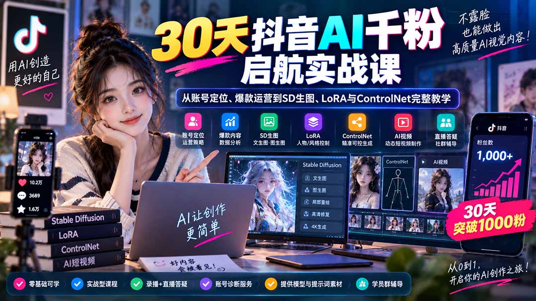 30天抖音AI千粉启航实战课：从账号定位、爆款运营到SD生图、LoRA与ControlNet完整教学-天韵资源网