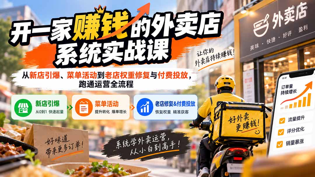 开一家赚钱的外卖店系统实战课：从新店引爆、菜单活动到老店权重修复与付费投放，跑通运营全流程-天韵资源网