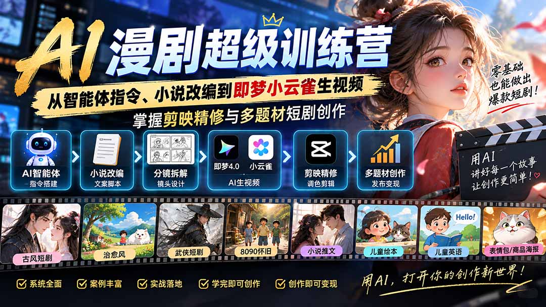 AI漫剧超级特训营：从智能体指令、小说改编到即梦小云雀生视频，掌握剪映精修与多题材短剧创作-天韵资源网