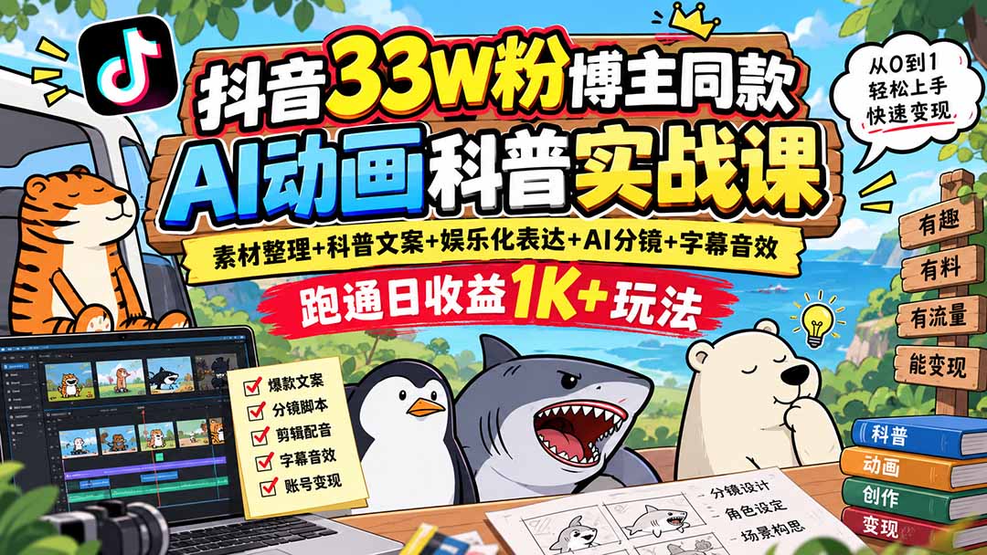 抖音33W粉博主同款AI动画科普实战课｜素材整理+科普文案+娱乐化表达+AI分镜+字幕音效，跑通日收益1K+玩法-天韵资源网