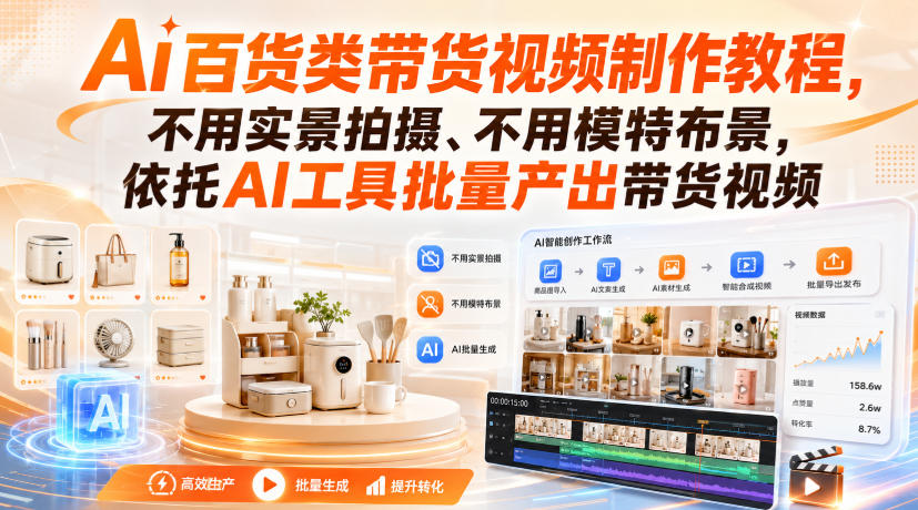 Ai百货类带货视频制作教程，不用实景拍摄、不用模特布景，依托AI工具批量产出带货视频-天韵资源网