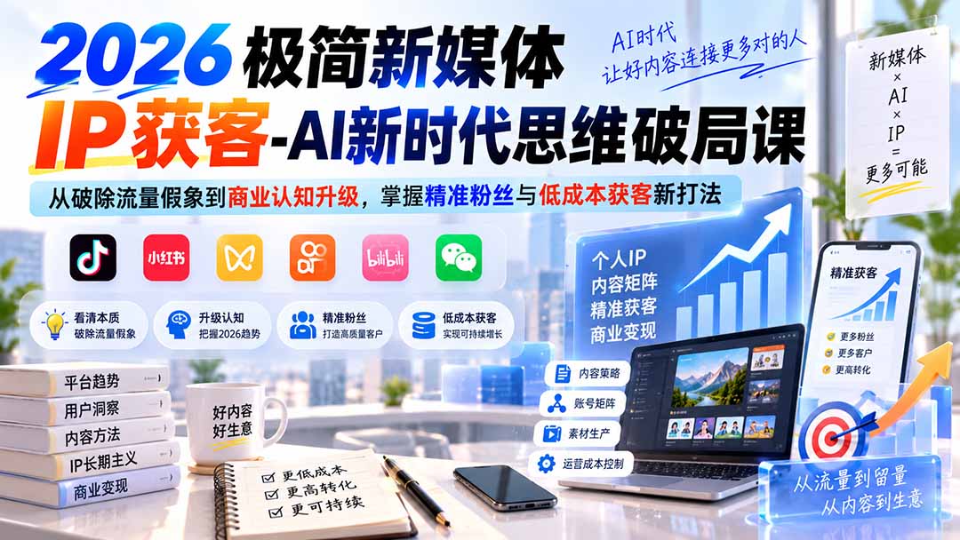 2026极简新媒体IP获客-AI新时代思维破局课：从破除流量假象到商业认知升级，掌握精准粉丝与低成本获客新打法-天韵资源网