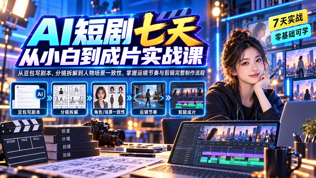 AI短剧七天从小白到成片实战课：从豆包写剧本、分镜拆解到人物场景一致性，掌握运镜节奏与剪辑完整制作流程-天韵资源网