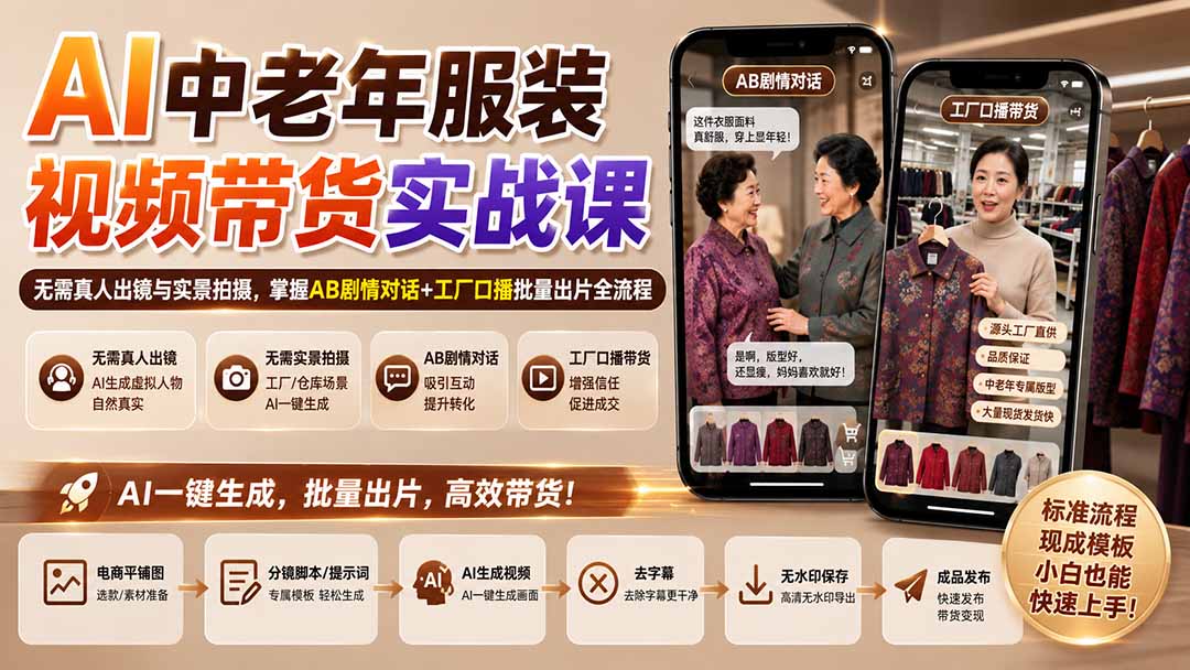 AI中老年服装视频带货实战课：无需真人出镜与实景拍摄，掌握AB剧情对话+工厂口播批量出片全流程-天韵资源网