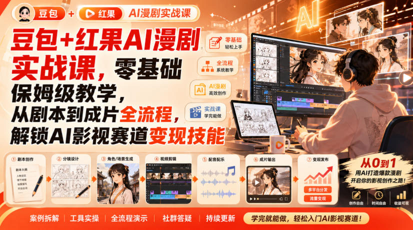 豆包+红果AI漫剧实战课，零基础保姆级教学，从剧本到成片全流程，解锁AI影视赛道变现技能-天韵资源网