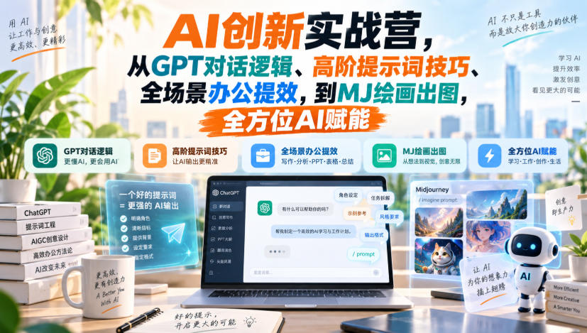 AI创新实战营，从GPT对话逻辑、高阶提示词技巧、全场景办公提效，到MJ绘画出图，全方位AI赋能-天韵资源网