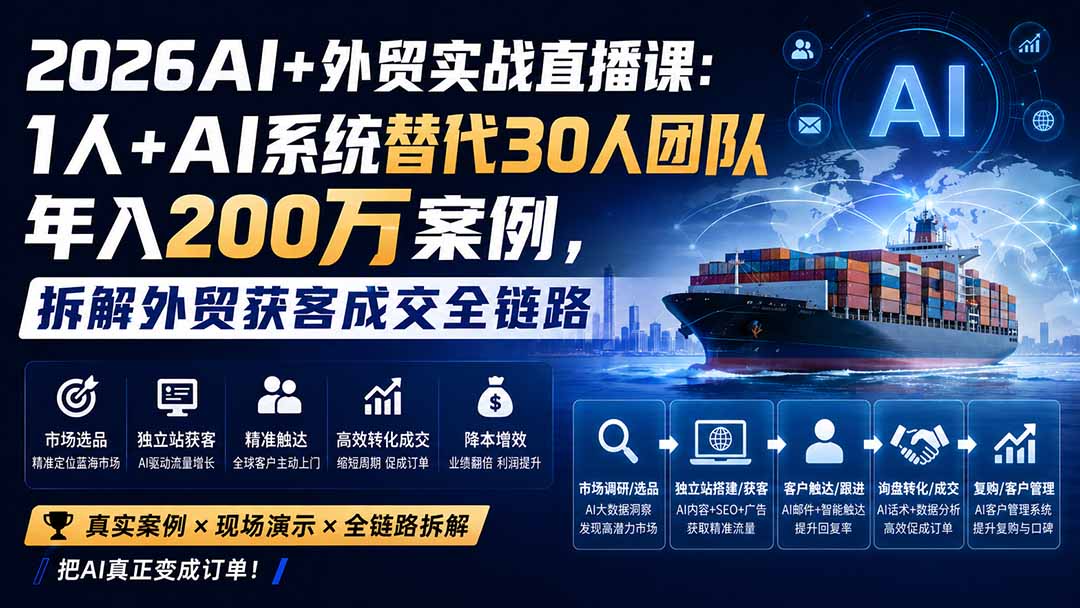 2026AI+外贸实战直播课：1人+AI系统替代30人团队年入200万案例，拆解外贸获客成交全链路-天韵资源网
