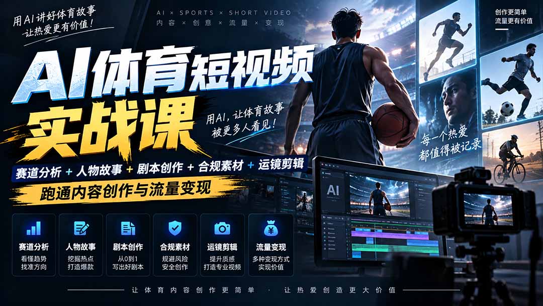 AI体育短视频赛道顶级玩法｜赛道分析+人物故事+剧本创作+版权处理+运镜剪辑，跑通流量变现-日赚1K+-天韵资源网