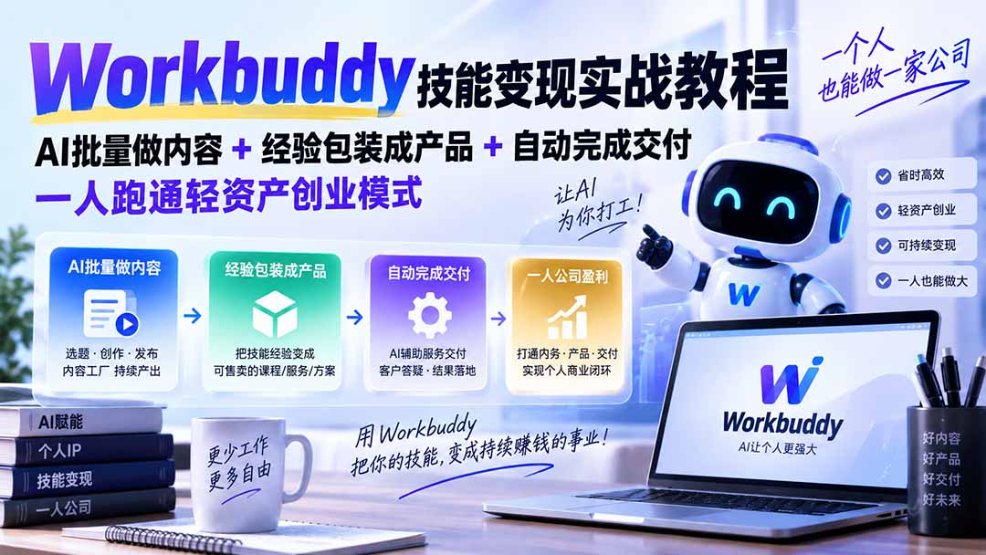 Workbuddy技能变现实战教程：AI批量做内容+经验包装成产品+自动完成交付，一人跑通轻资产创业模式-天韵资源网