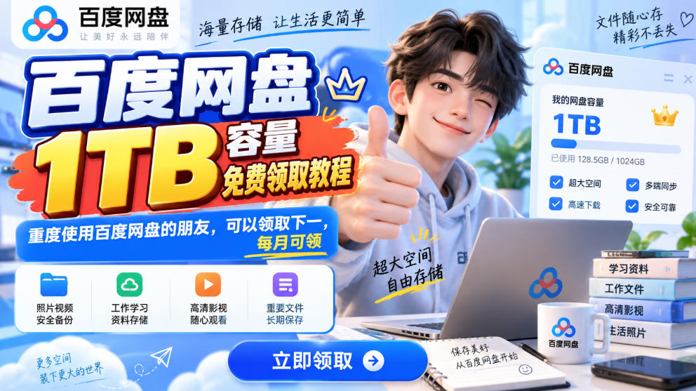 百度网盘1TB容量免费领取教程，重度使用百度网盘的朋友，可以领取下一，每月可领-天韵资源网