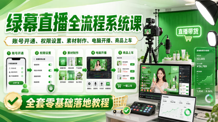 绿幕直播全流程系统课，账号开通、权限设置、素材制作、电脑开播、商品上车全套零基础落地教程-天韵资源网