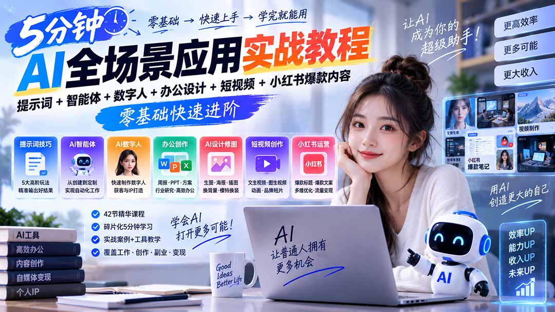 AI全场景应用实战教程｜提示词+智能体+数字人+办公设计+短视频+小红书爆款内容，零基础快速进阶-天韵资源网