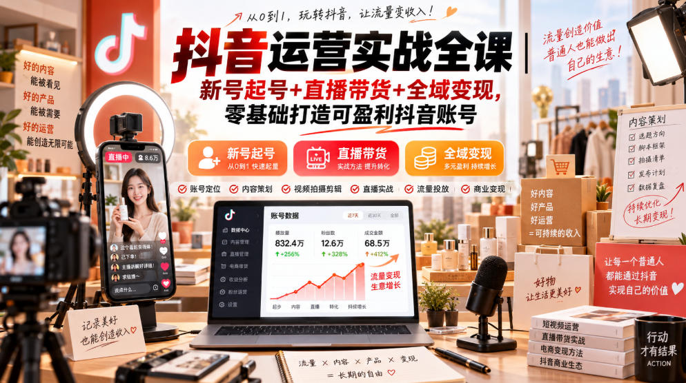 抖音运营实战全课｜新号起号+直播带货+全域变现，零基础打造可盈利抖音账号-天韵资源网