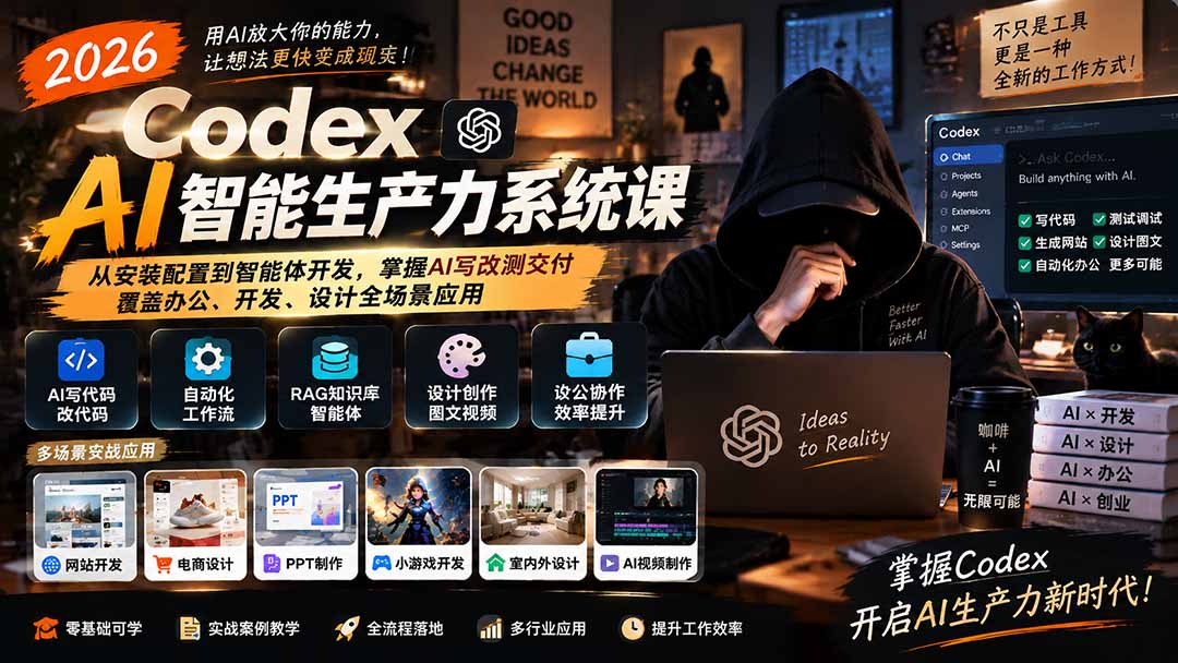 2026 Codex AI智能生产力系统课-更新|从安装配置到智能体开发,掌握AI写改测交付,覆盖办公、开发、设计全场景应用-天韵资源网