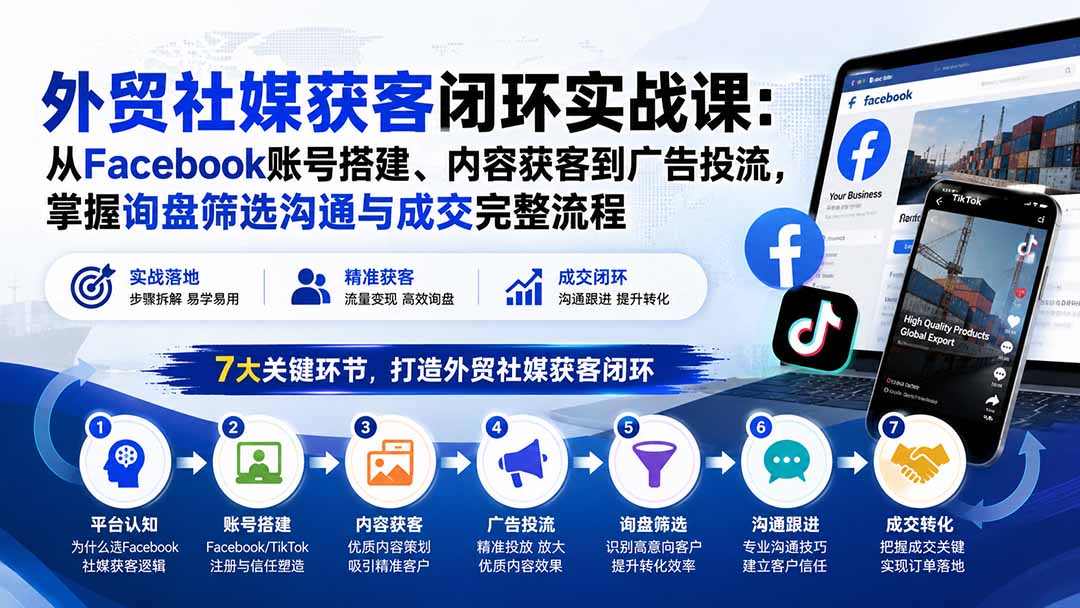 外贸社媒获客闭环实战课：从Facebook账号搭建、内容获客到广告投流，掌握询盘筛选沟通与成交完整流程-天韵资源网