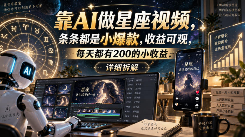 靠AI做星座视频，条条都是小爆款，收益可观，每天都有200的小收益，详细拆解-天韵资源网