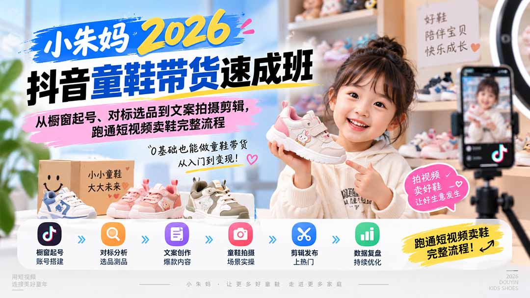小朱妈2026抖音童鞋带货速成班:从橱窗起号、对标选品到文案拍摄剪辑,跑通短视频卖鞋完整流程-天韵资源网