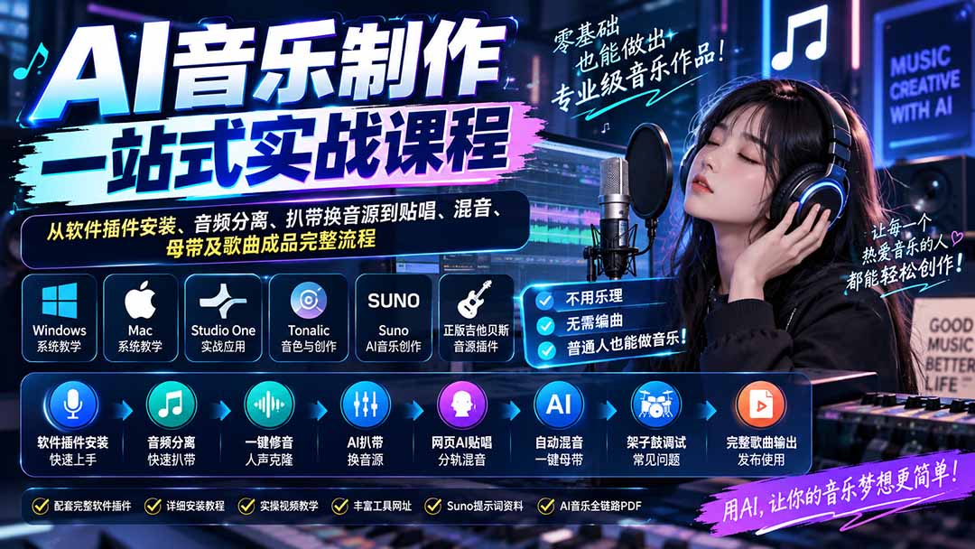 AI音乐制作一站式实战课程：从软件插件安装、音频分离、扒带换音源到贴唱、混音、母带及歌曲成品完整流程-天韵资源网