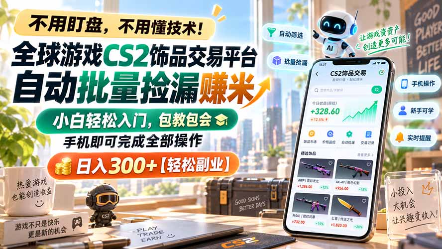 全球游戏CS2饰品交易平台自动批量捡漏赚米，小白轻松入门，包教包会，手机即可完成全部操作，日入300+【轻松副业】-天韵资源网