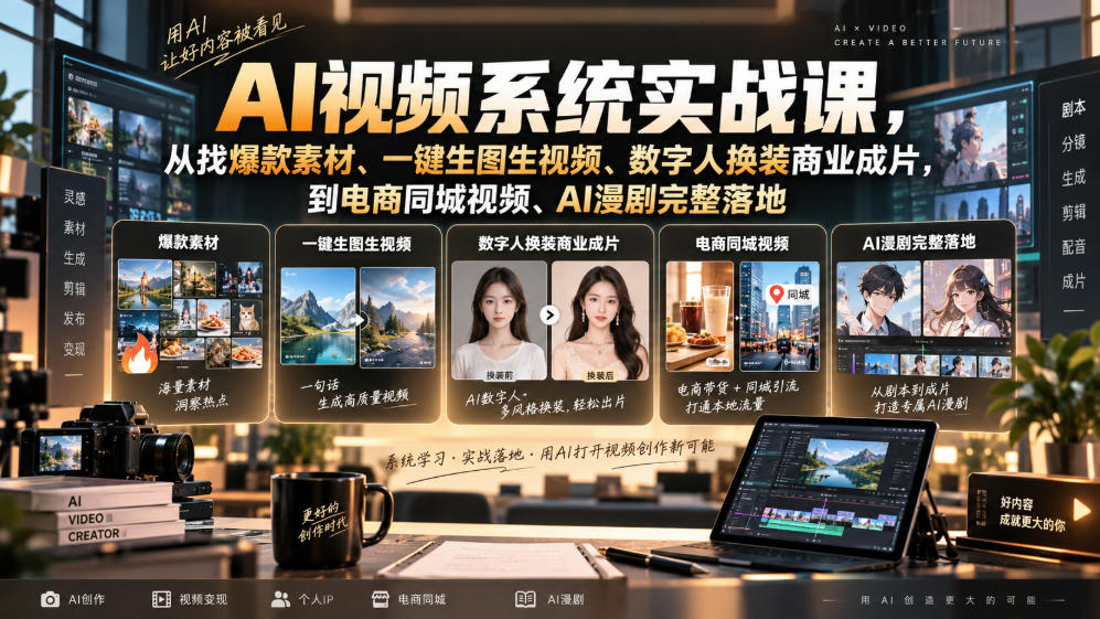 AI视频系统实战课，从找爆款素材、一键生图生视频、数字人换装商业成片，到电商同城视频、AI漫剧完整落地-天韵资源网