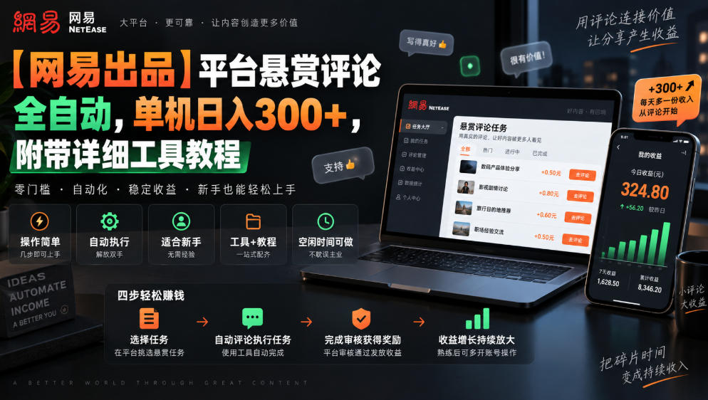 【网易出品】平台悬赏评论全自动，单机日入300+，附带详细工具教程【揭秘】-天韵资源网